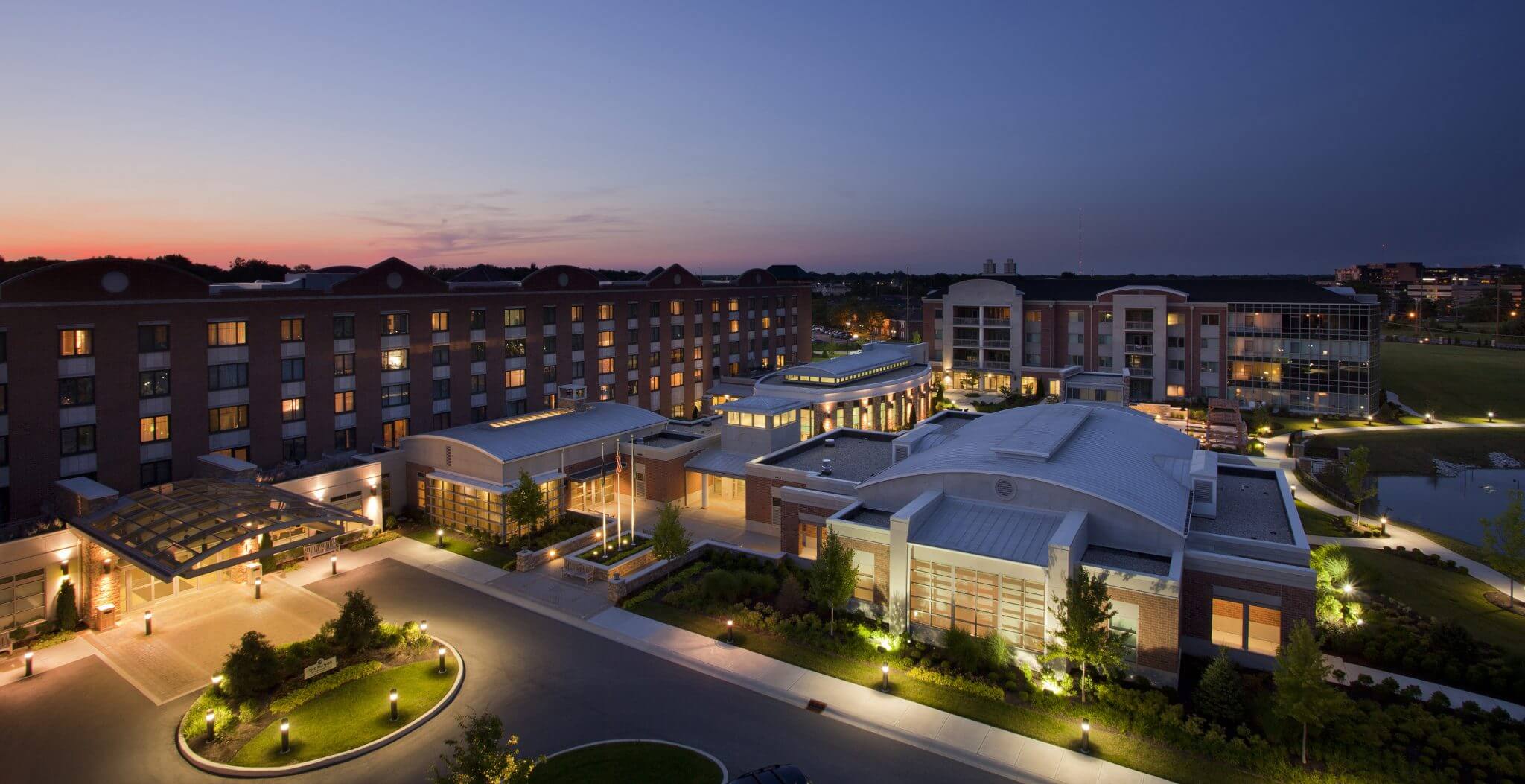 Birds eye view of Marquette Senior Living at dusk