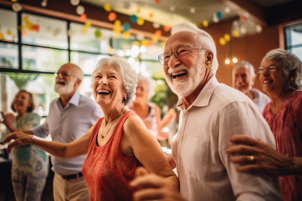 Senior couple laugh while dancing in a group
