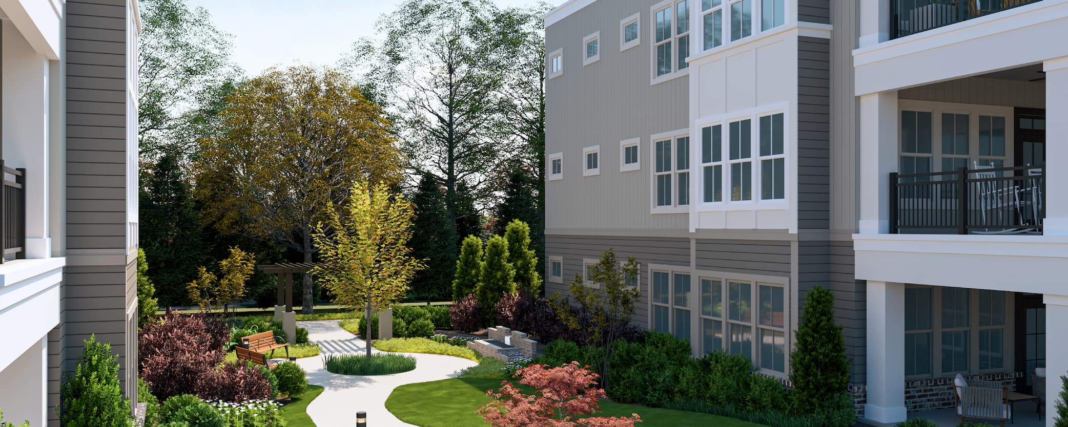 Lush courtyard at Marquette senior living