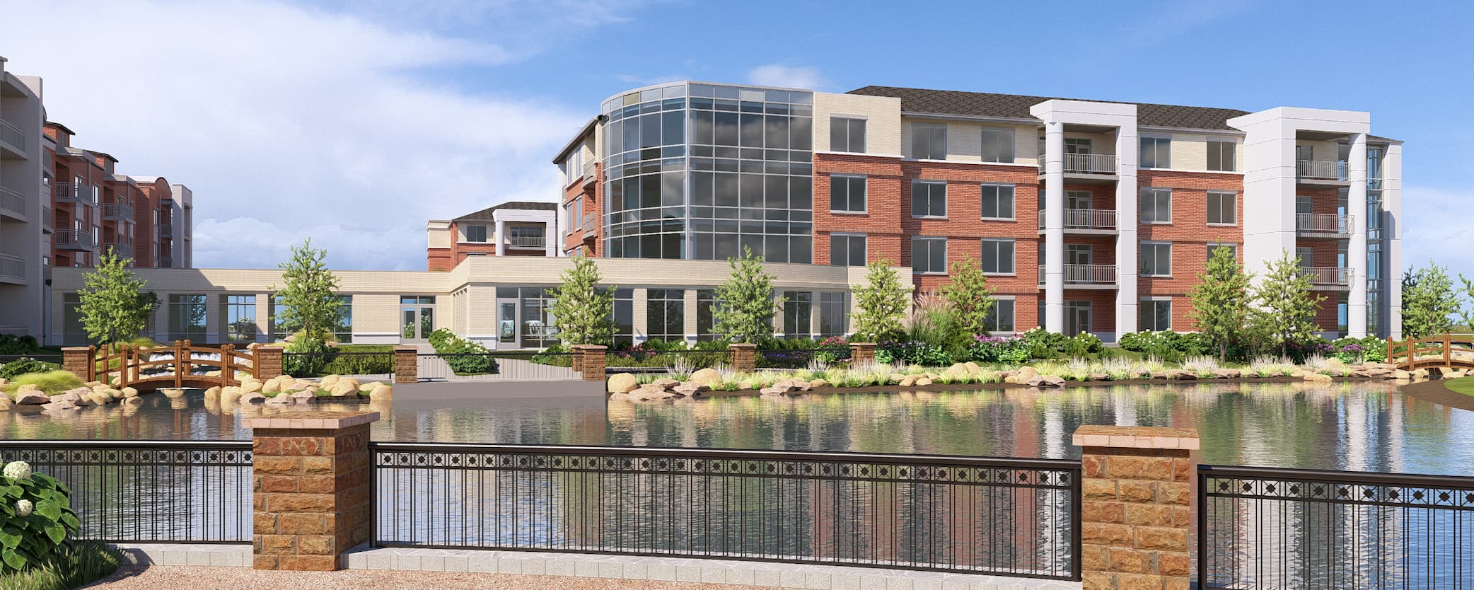Marquette senior living independent living expansion building across a pond