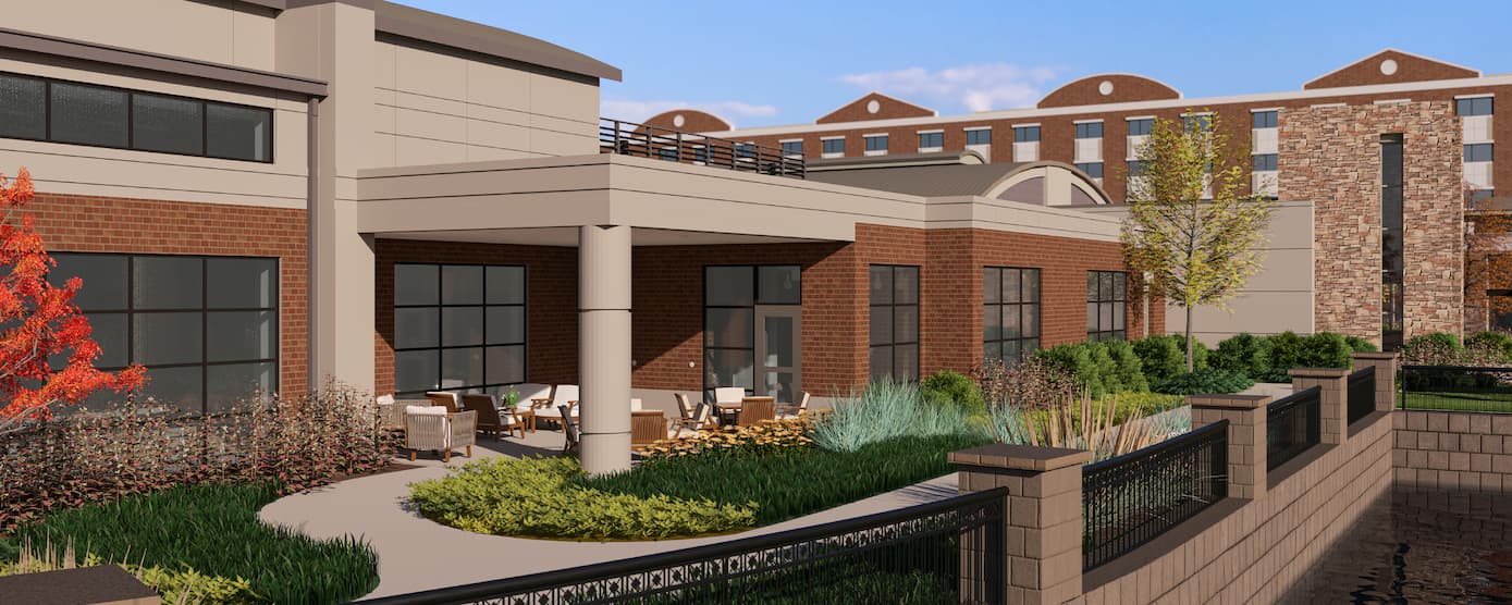 Marquette senior living exterior community space rendering