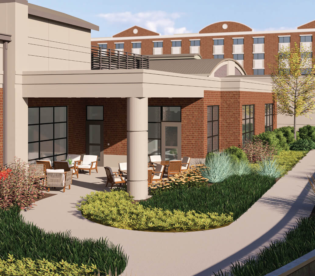 rendering of a patio at the commons