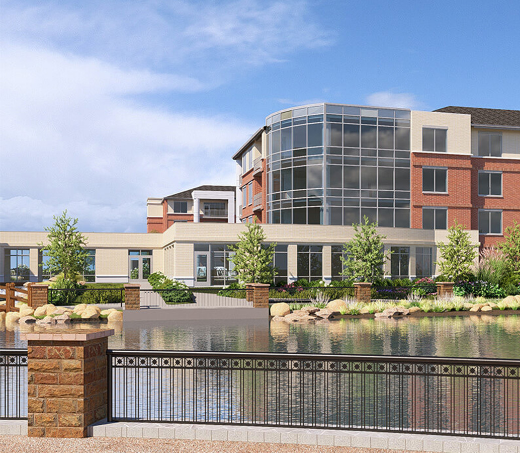 Rendering of The Terraces with a view of lake and pathways