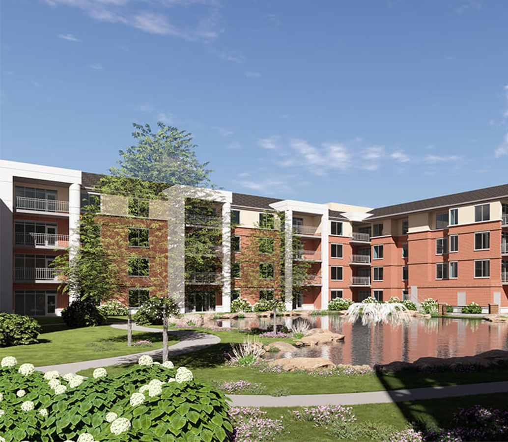 Rendering of The Terraces with a view of the courtyard with a pathway