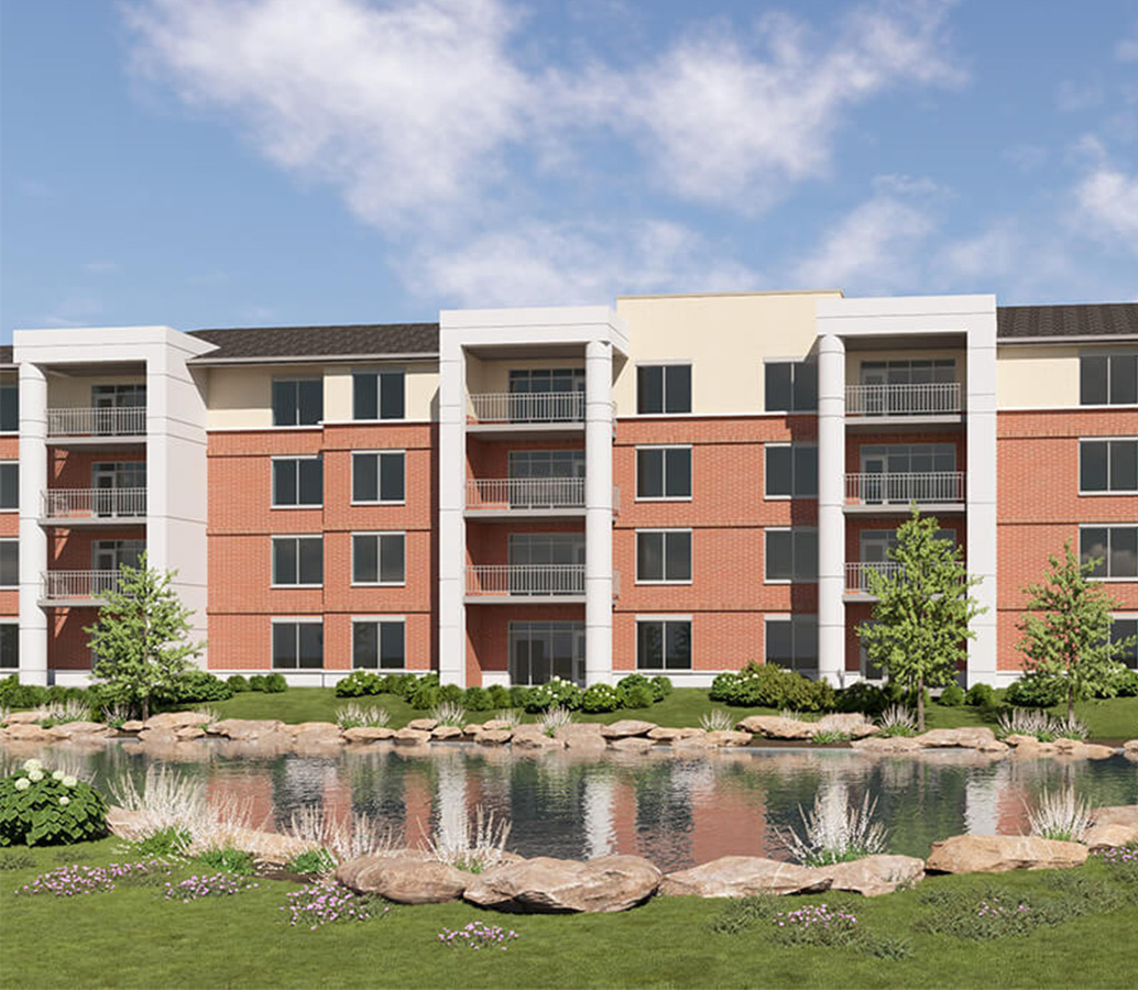 Rendering of The Terraces with view of pond and garden