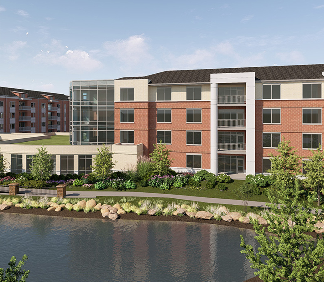 Rendering of the terraces apartment building along large pond